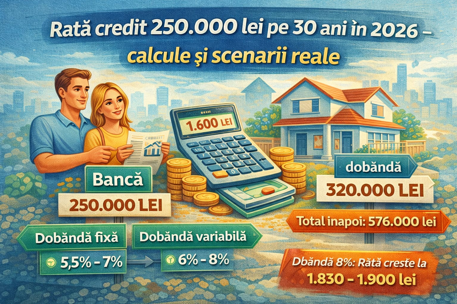 Tot mai mulți români caută să afle cât ar plăti lunar pentru un credit ipotecar de 250.000 lei în 2026. Fie că vrei să cumperi un apartament sau o casă, este esențial să înțelegi cât te costă cu adevărat împrumutul.