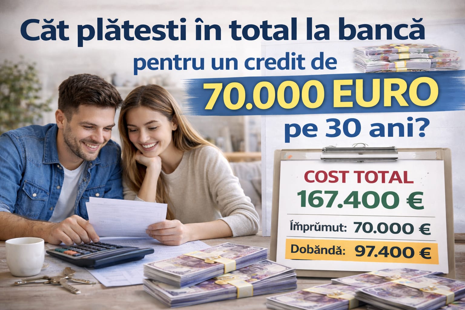 Află cât ajungi să plătești în total pentru un credit de 70.000 euro pe 30 ani. Simulare completă: rată lunară, dobândă totală, cost real al creditului.