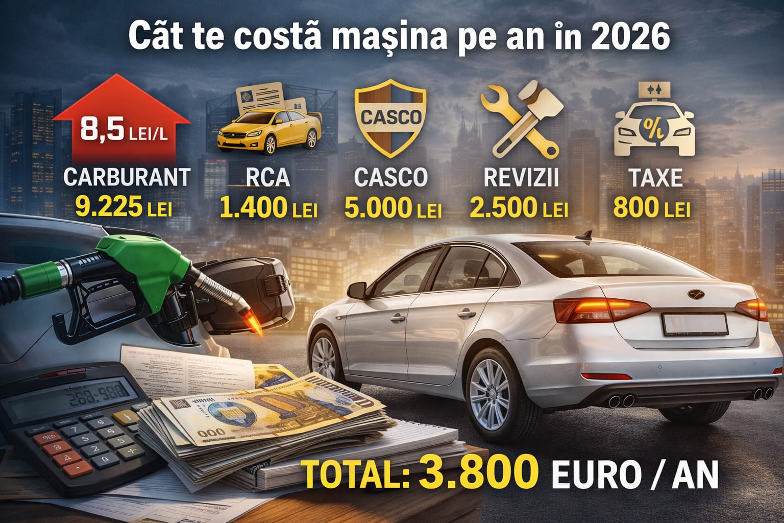 Cât te costă mașina pe an în 2026? Află cât plătești pentru carburant, RCA, CASCO, revizii, taxe și întreținere. Calcul complet al costului real al unei mașini și impactul asupra bugetului tău lunar.