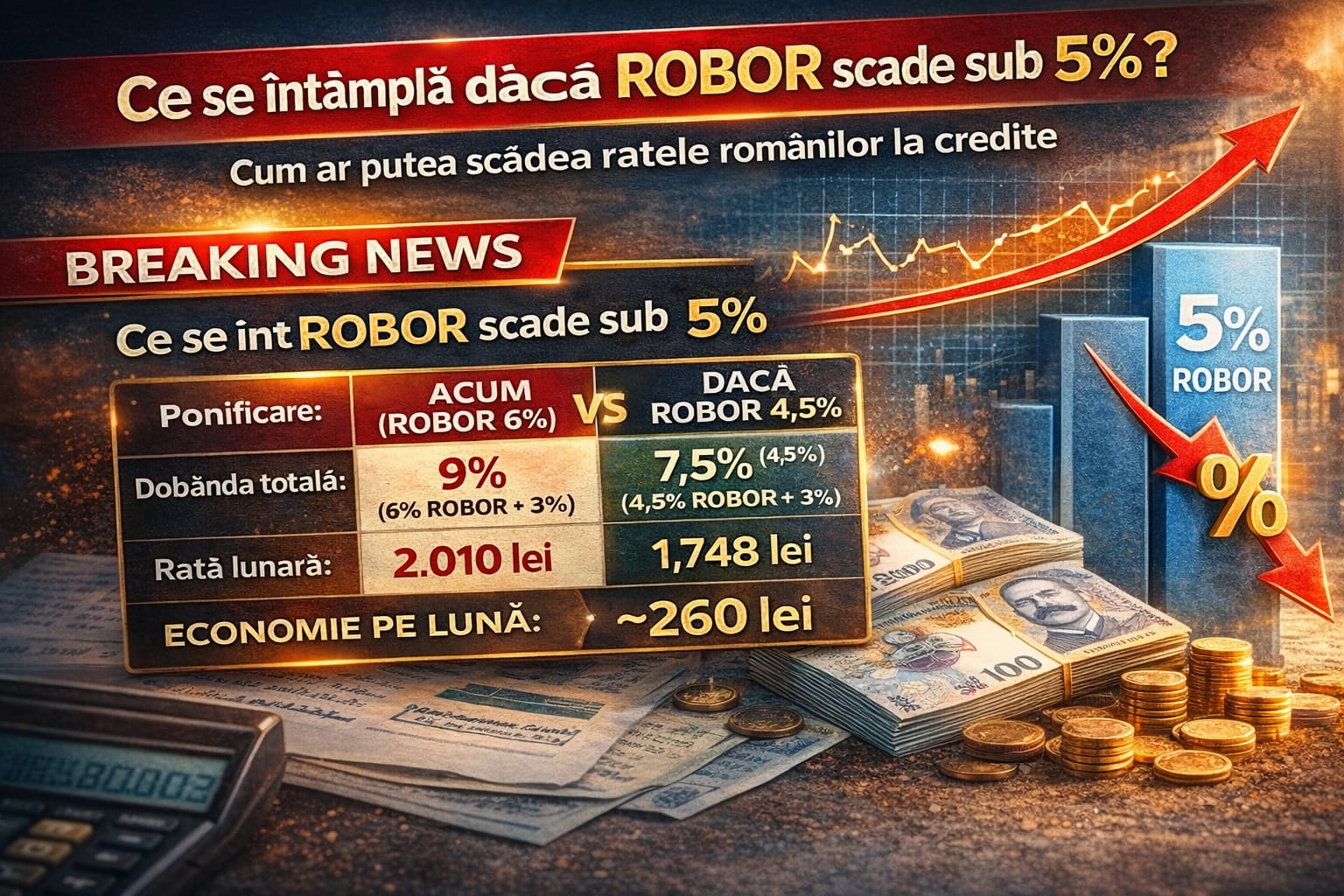 Ce se întâmplă dacă ROBOR scade sub 5%? Cum ar putea scădea ratele românilor la credite